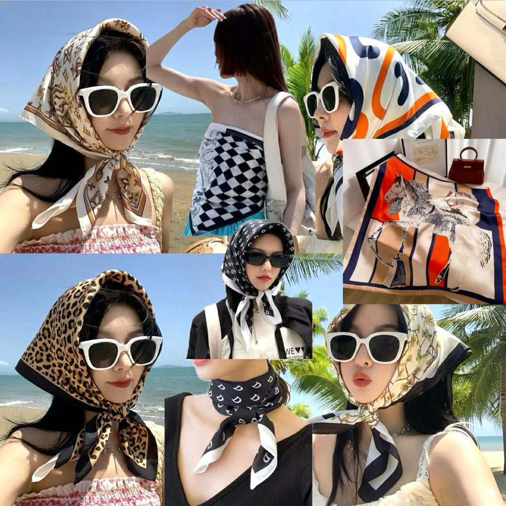 ผ้าพันคอ ที่คลุมไหล่ ขนาด70x70cm scarf แบบเกาหลี ที่คาดอก ไหมซาติน silk นุ่ม ลื่น ลายจุดดอกไม้สองด้านสีดำและขาว