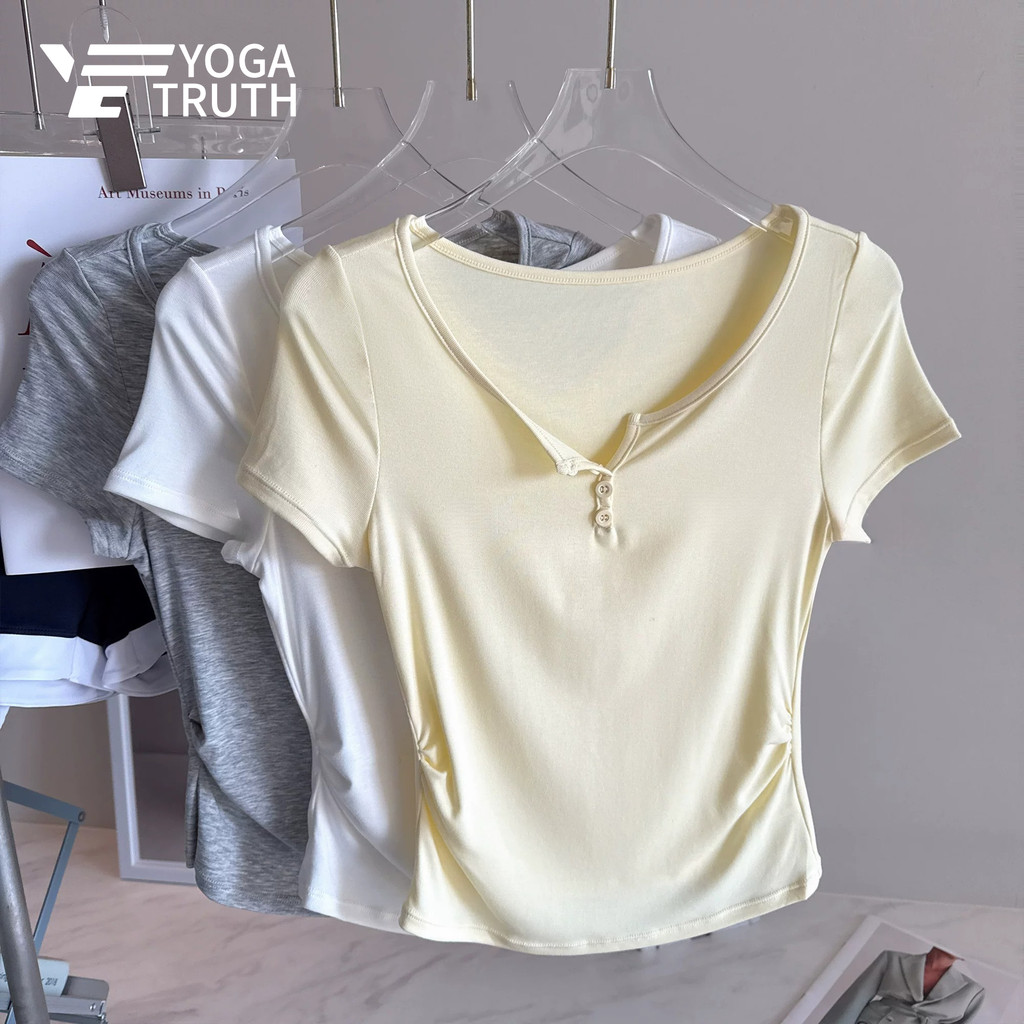 YOGATRUTHWoman กีฬาแขนสั้น Side Pleats คอวี Skin Friendly Slim Top Running Gym
