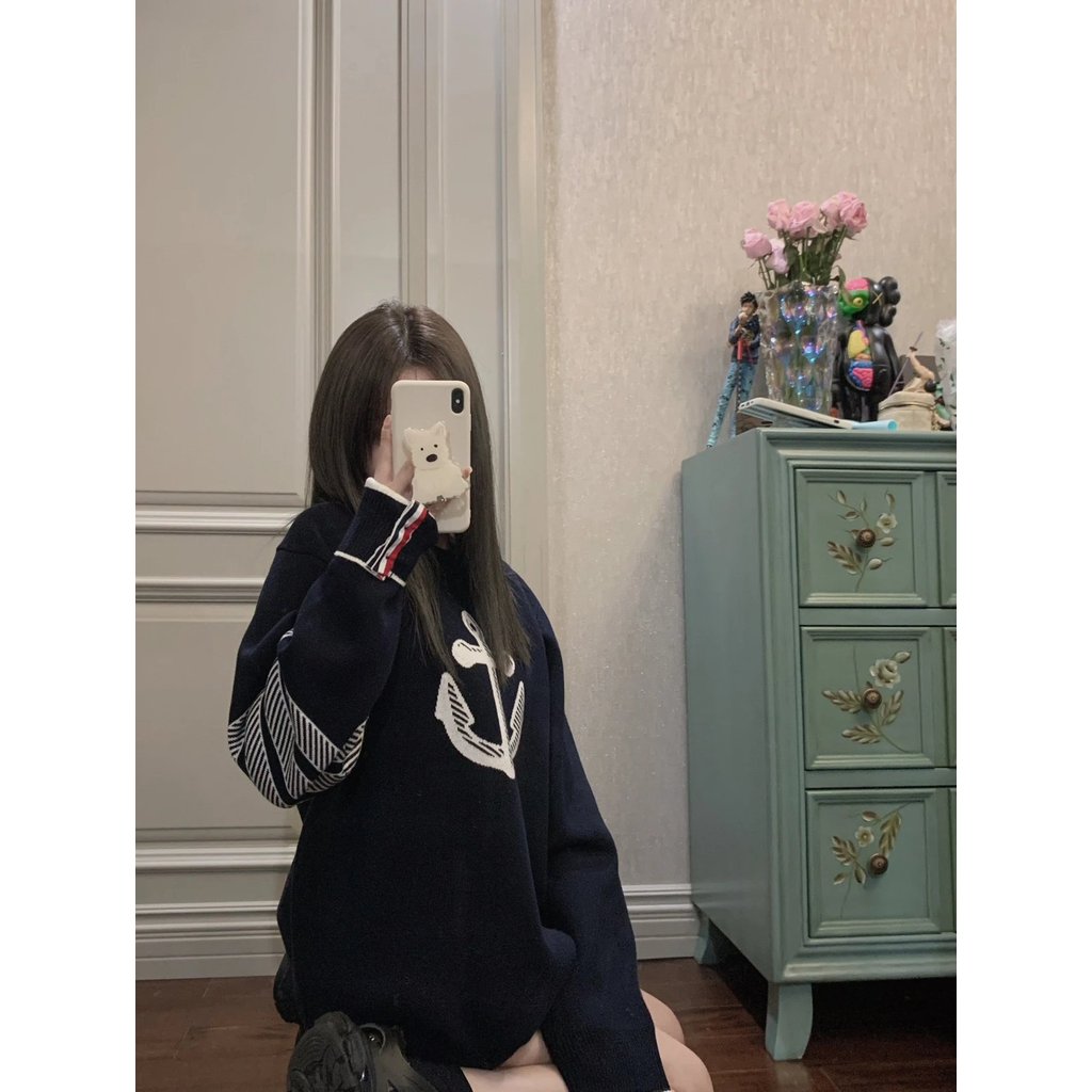 [Monica] I Vote One TB Vote~TB Anchor Round Neck Sweater Navy Blue Grey baby Blue Sweater