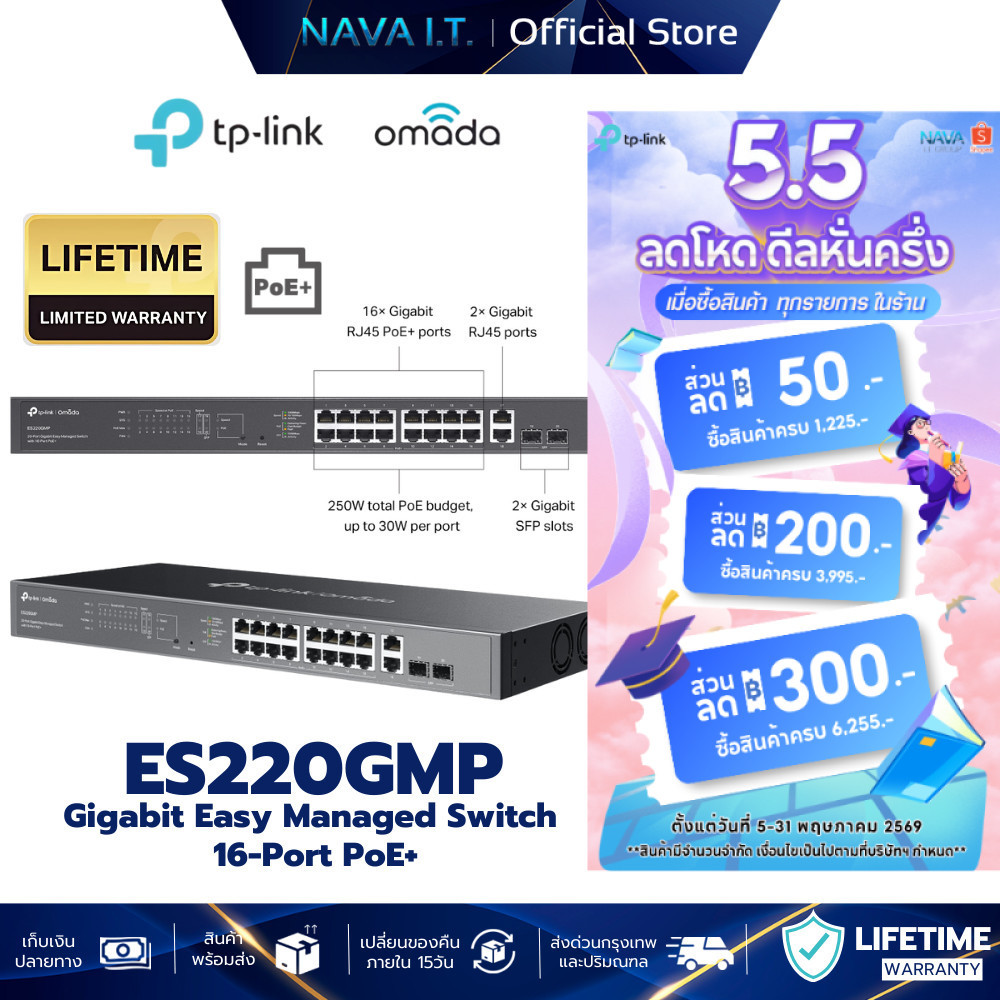 TP-LINK ES220GMP Omada 20-Port PoE+ Gigabit Easy Managed Switch รับประกันศูนย์ไทย