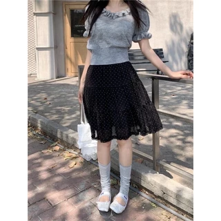 Cicishop(Q2613) กระโปรงลายจุดผ้าชีฟอง ดีเทลแต่งระบาย มีซับใน เอวสม็อค สไตล์สาวเกาหลี