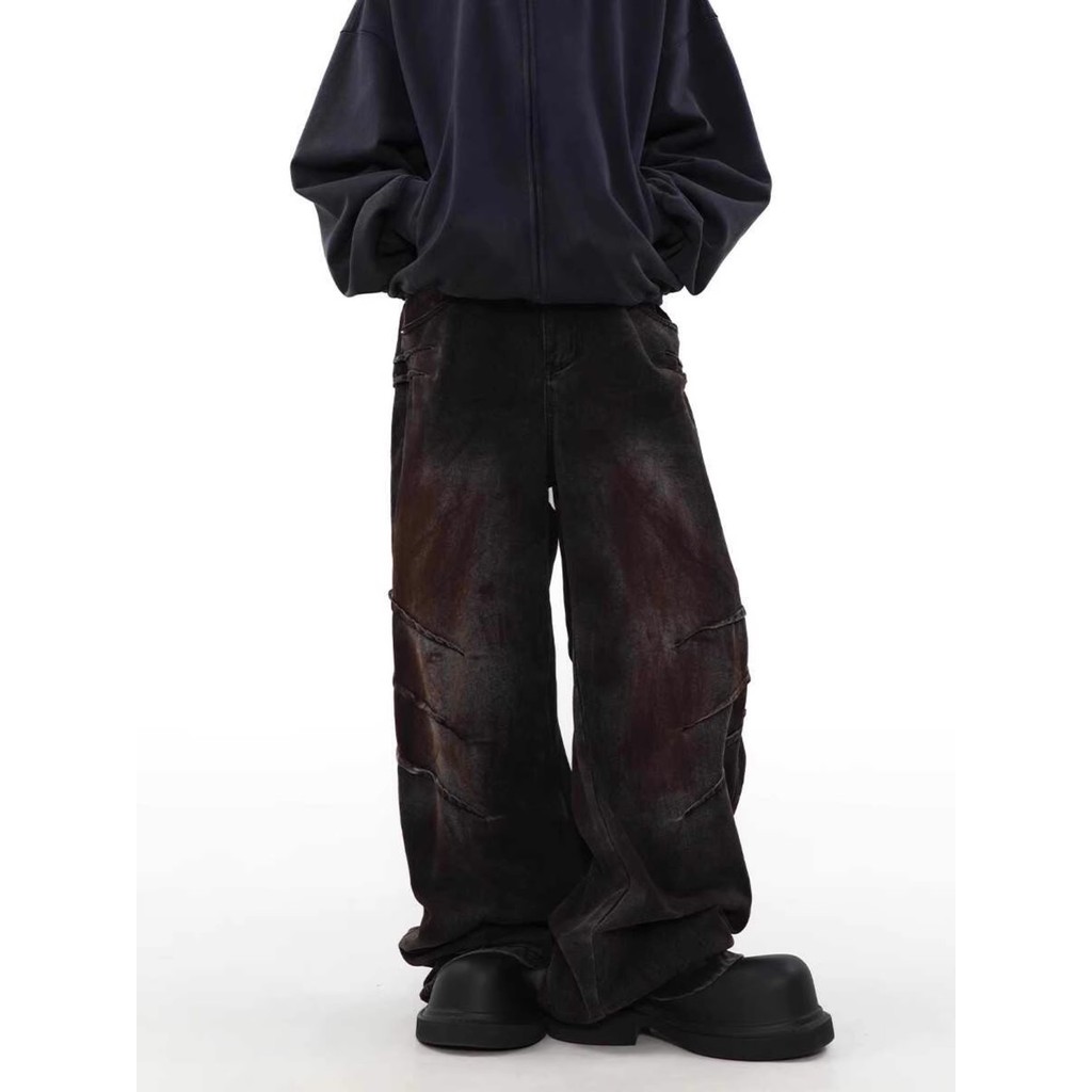 American High Street Design Feel Distressed Dirty Wasteland Style Jeans Men Loose Niche Straight Pan