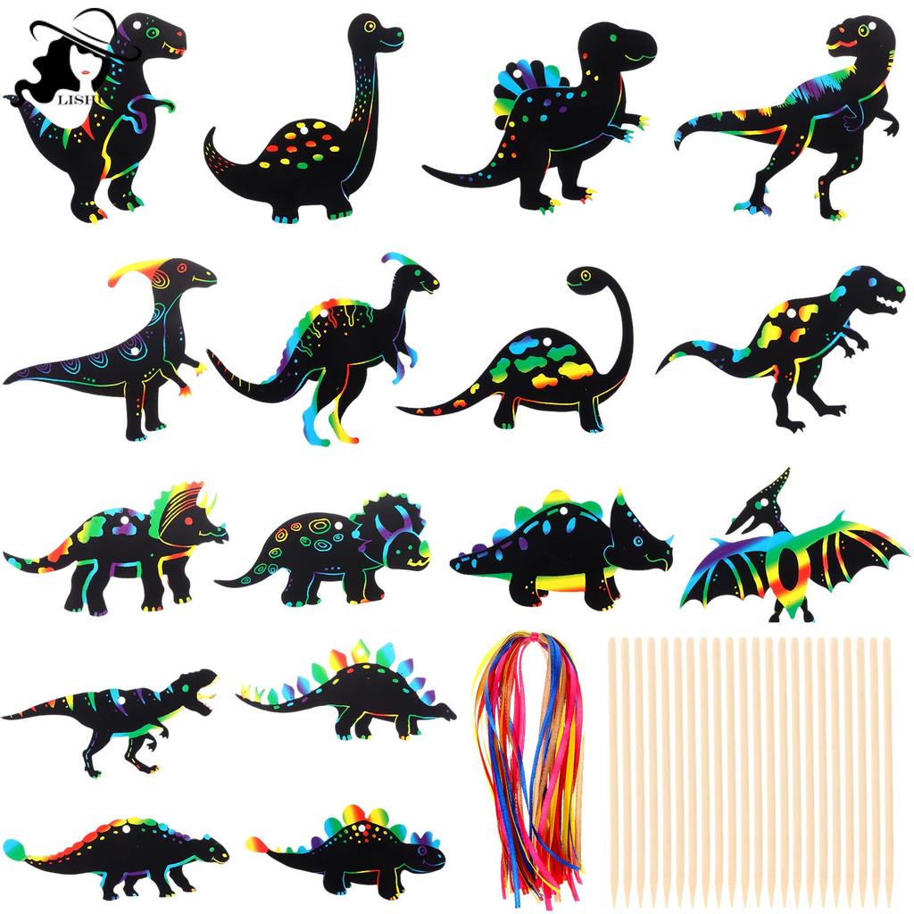 LISHU 64 ชิ้นไดโนเสาร์ Theme Scratch การ์ด Rainbow Scratch กระดาษไดโนเสาร์หัตถกรรม Art การ์ดไดโนเสาร