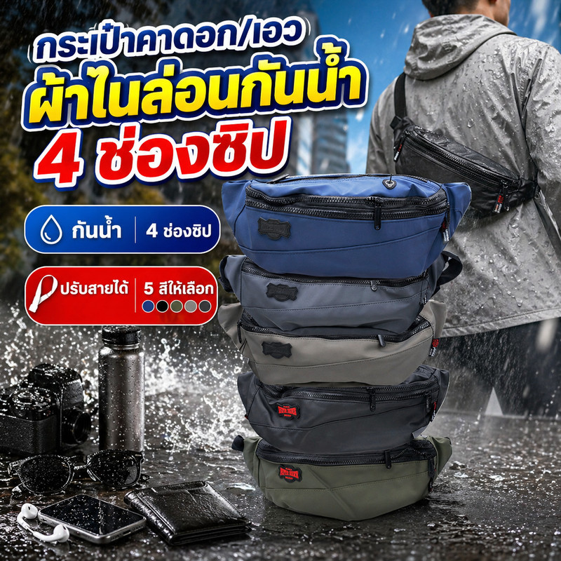 HYPER RIDER กระเป๋าคาดอกหรือคาดเอว ผ้าไนล่อนกันน้ำ 4 ช่องซิป สายปรับได้ เลือกสีดำ/ฟ้า/เขียว/เทา/เทาเข้ม