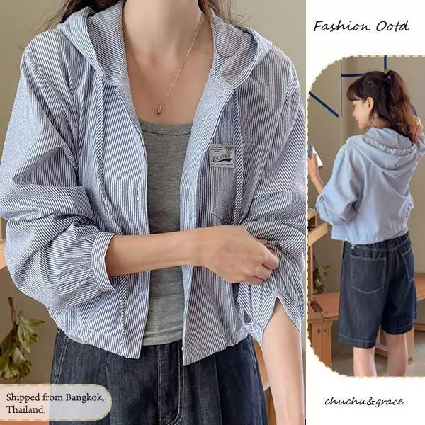[สินค้าพร้อมส่ง]เสื้อแจ็คเก็ตมีฮู้ดแขนยาวลายทางสำหรับผู้หญิง มีกระเป๋าปะปักตัวอักษร สวมใส่สบายและทันสมัย#99409