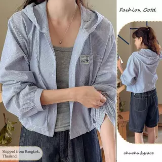 [สินค้าพร้อมส่ง]เสื้อแจ็คเก็ตมีฮู้ดแขนยาวลายทางสำหรับผู้หญิง มีกระเป๋าปะปักตัวอักษร สวมใส่สบายและทันสมัย#99409