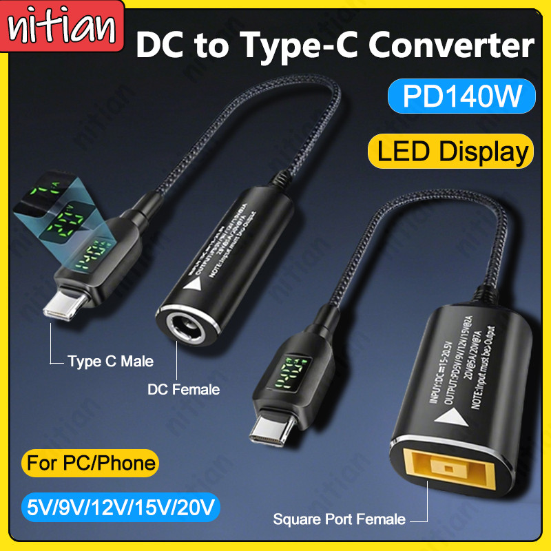 DC to Type-C Converter สายไฟ 140W Fast Charging Extension Cable 5 V/9 V/12 V/15 V/20 V Multi แรงดันไฟฟ้าสาย USB-C LED หน้าจออะแดปเตอร์สําหรับโทรศัพท์/แล็ปท็อป/แท็บเล็ต