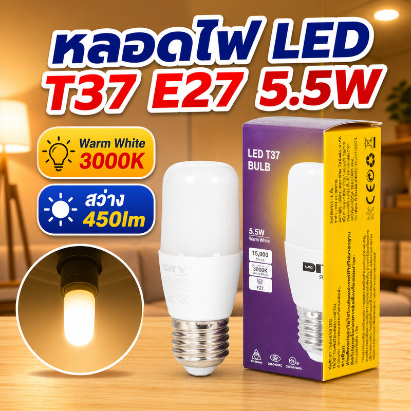 หลอดไฟ LED Bulb T37 ขั้ว 27E กำลังไฟ 5.5W สี Warm White