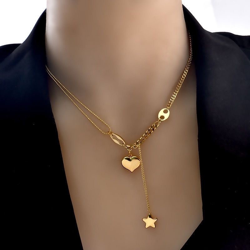 HT Star Heart พู่สร้อยคอเหล็กไทเทเนียมผู้หญิงหรูหราสแตนเลส Retro Clavicle Chain เครื่องประดับ