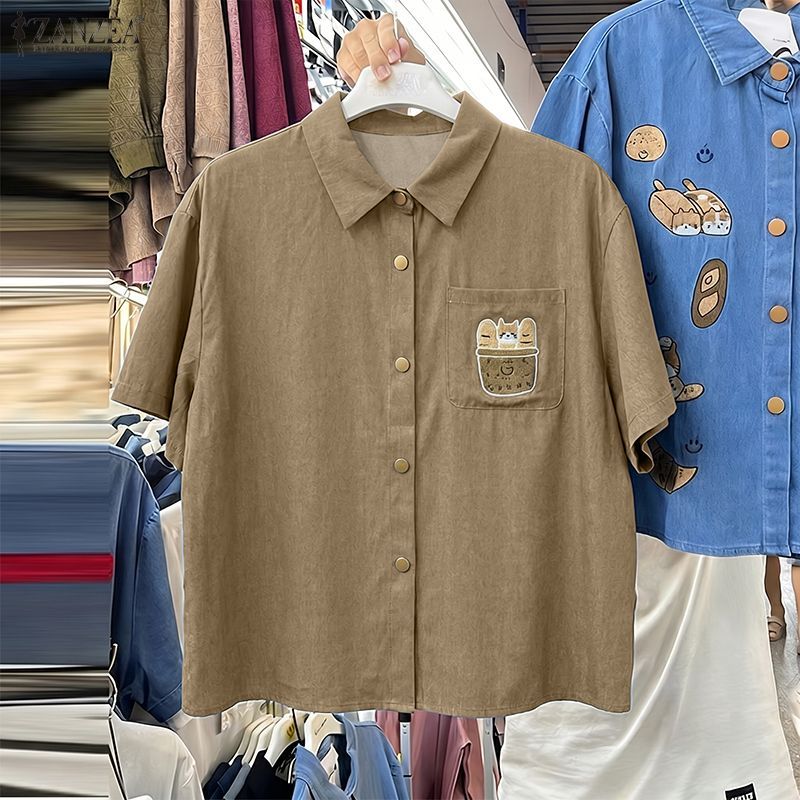 ZANZEA เสื้อเชิ้ตแขนยาวพิมพ์ลายแขนยาวสไตล์เกาหลีของผู้หญิง — صورة 4