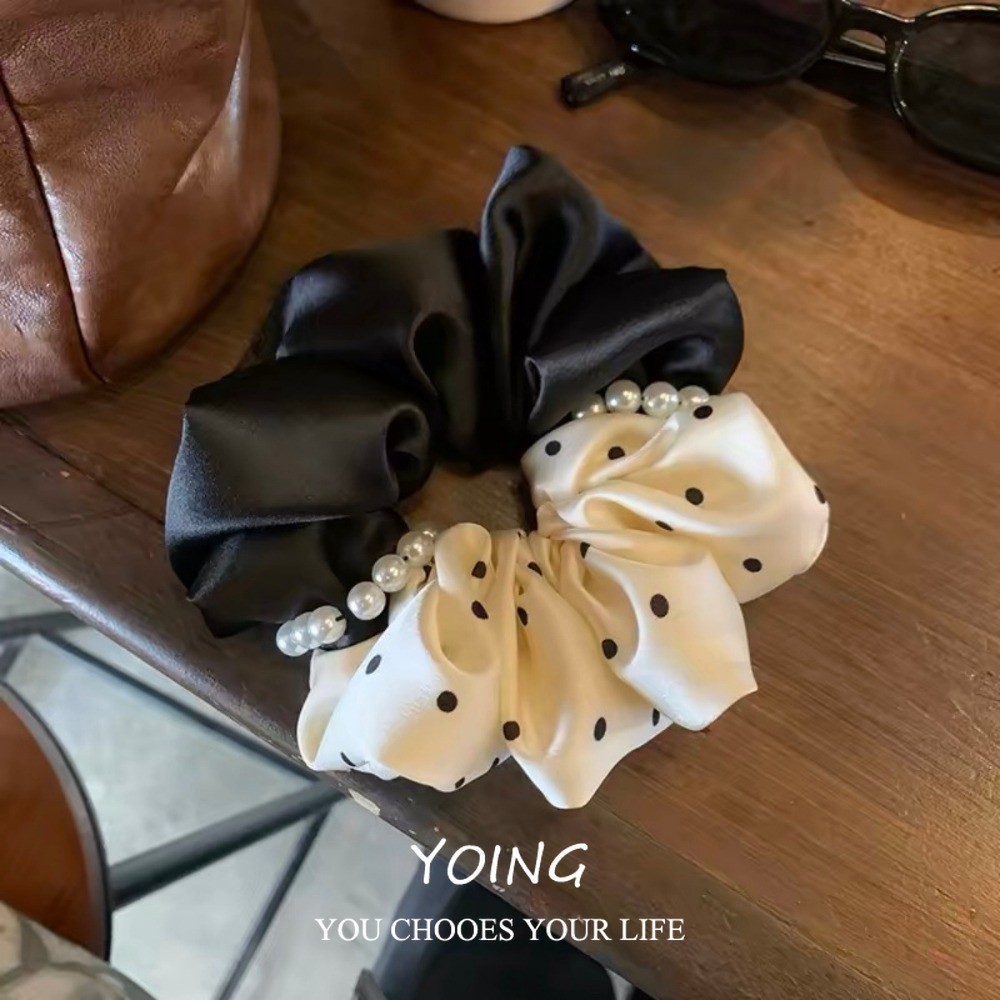 Yoing/French High-End Pearl Light Luxury Stitching Polka Dotขนาดใหญ่ลําไส้ผมTieสไตล์ใหม่ซาตินผมหางม้าต่ําRetroผมTie