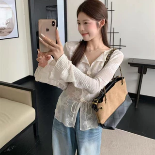 เสื้อเชิ๊ตพื้นผิวฝรั่งเศสสำหรับผู้หญิงฤดูใบไม้ผลิและฤดูร้อนเสื้อลูกไม้บาง jacquard เสื้อป้องกันแสงแดดเสื้อแขนระฆังบาง