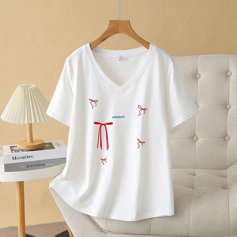 ทุกวันเสื้อยืดแขนสั้นผู้หญิง สไตล์อเมริกัน รุ่นใหม่ คอวี ทรงหลวม ฤดูร้อน ใส่สบาย ดูผอม ชุดลำลองสุดทันสมัย สื้อยืดผู้หญิง
