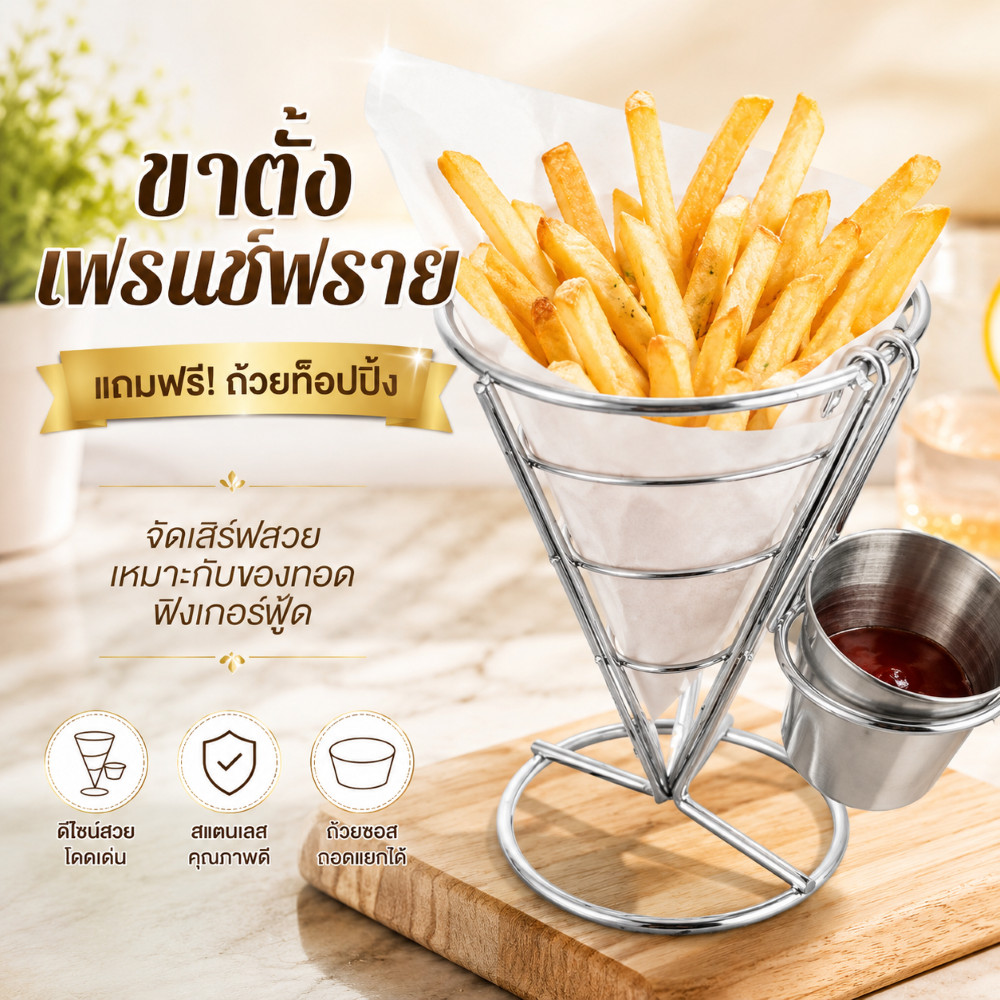 กรวยสแตนเลส แต่งขนมวาฟเฟิลฮ่องกง ใส่เฟรสฟราย ใส่แต่งไอศครีม ตั้งโชว์ขนม ใช้เป็นภาชนะใส่อาหารเสริฟอาหาร ร้านขนม