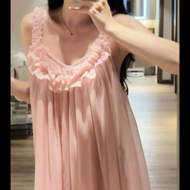 〈粉黛柔梦〉法式浪漫蕾丝感吊带睡裙睡衣宽松可外穿女士家居服Fuyang Princess style sleepwear with lace and sweet camisole, girls' pu