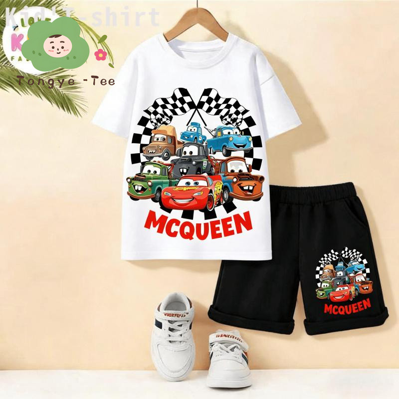 [COD]XK2 ชุดเด็กชายสนุก ลายตัวละครจาก Cars McQueen | เสื้อ+กางเกงขาสั้น ใส่สบาย ทนทาน | Disney Cars McQueen Kids Set ไซส