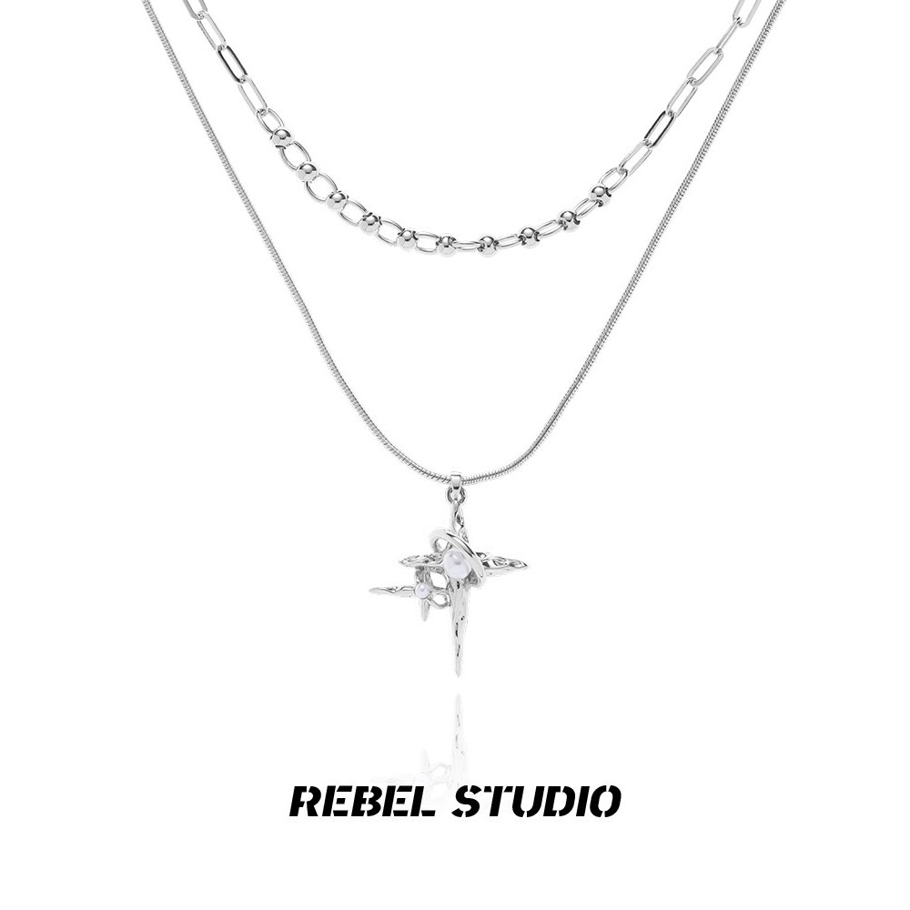 สร้อยมุก สร้อยคอ สร้อยคอยาว Necklace เพarl สี่เหลี่ยมดาว สองเลเยอร์ จาก Rebel Studio สไตล์เรียบหรู ส