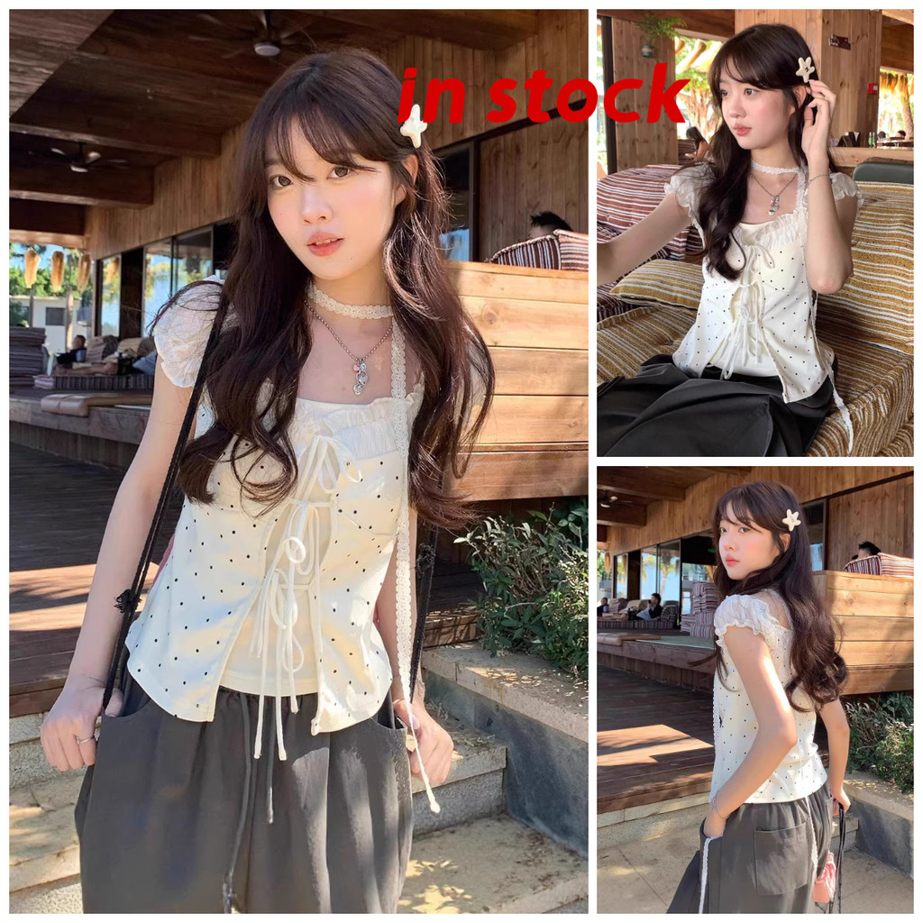 [Grojoy] เสื้อท้อปผู้หญิงลายจุดแบบยุโรป ดีไซน์ใหม่ Laced-Up A0139