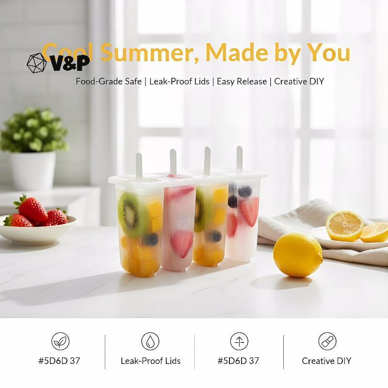 [V&PT] แม่พิมพ์ไอติม 4 Link พร้อมฝาปิดสําหรับโฮมเมด Mung Bean Popsicle พลาสติกเกรดอาหารผู้ถือไอติมแบ