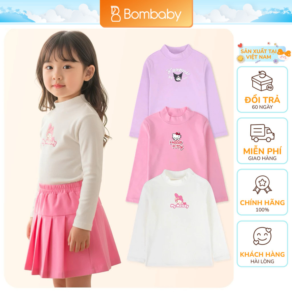 เสื้อเชิ้ตแขนยาวเด็กผู้หญิง Kuromi Hello Kitty Bomines เสื้อคอเต่าซี่โครงผ้าฝ้ายรูปตัว เสื้อระบายควา