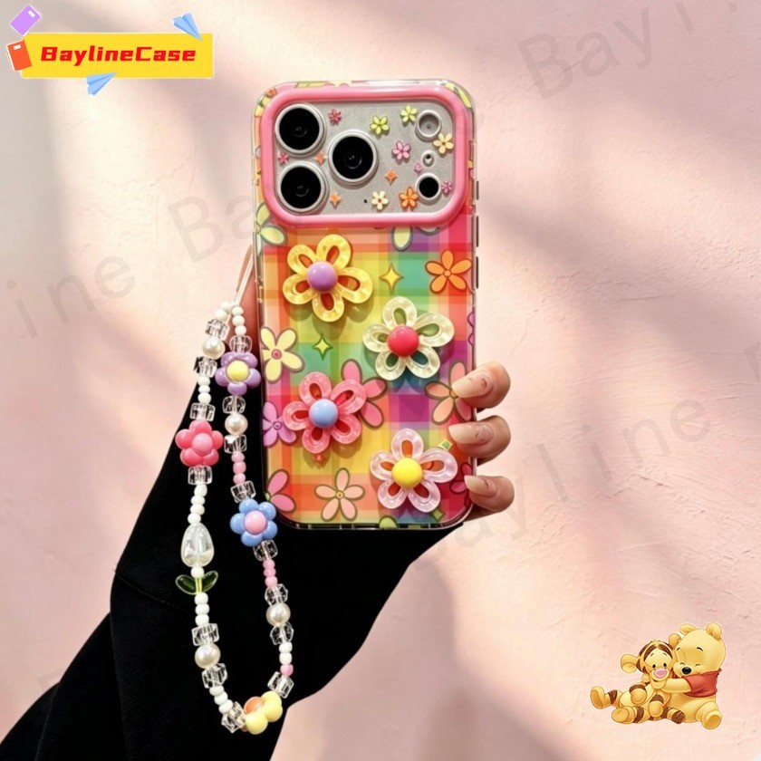 ขายร้อน Ins ลายสก๊อตสีสันสดใส 3D ดอกไม้กล้องพิมพ์ + โซ่เคสโทรศัพท์ใช้งานร่วมกับ iPhone 17 16 15 14 13 12 11 Pro Max X Xr Xs Max 8 7 Plus ฝาครอบ