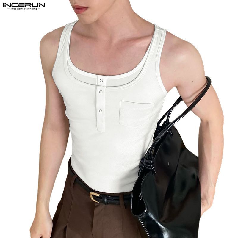INCERUN ผู้ชายเสื้อกีฬาเกาหลีแบบทลายโครงสร้าง ดีไซน์สองชั้นสำหรับออกกำลังกายและยิม