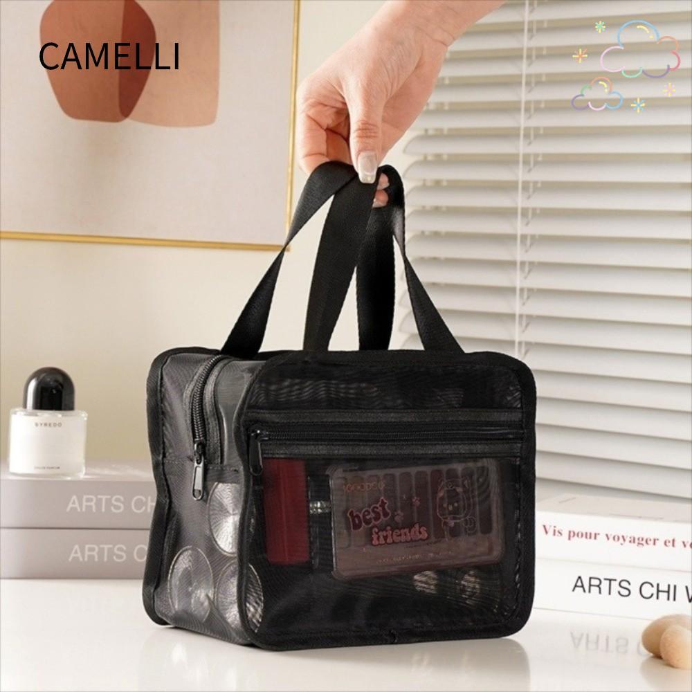 CAMELLI Travel Toiletry Bag, Mesh Black Storage Bag, Large Capacity Ultralight Transparent Shower Tote Bag