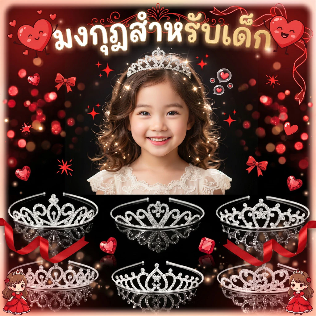มงกุฎเด็ก มงกุฎเจ้าหญิงสำหรับเด็กผู้หญิงที่คาดผมมงกุฎคริสตัลระยิบระยับของเล่นแต่งตัววันเกิด/งานแสดงโรงเรียนสไตล์พรีเมียม