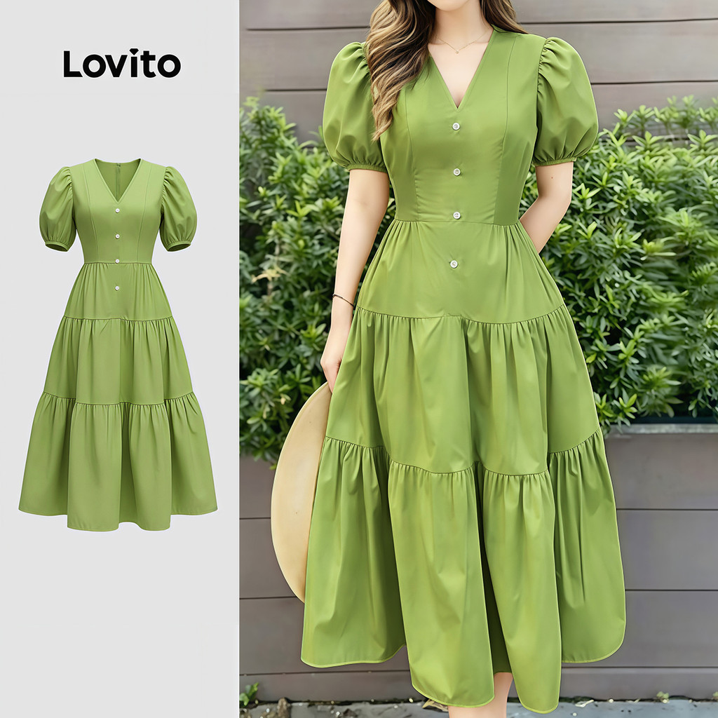 Lovito เดรสลําลองสีเขียวสําหรับฤดูใบไม้ผลิ/ฤดูร้อน สไตล์เรียบง่ายสําหรับผู้หญิง LK4ED1552
