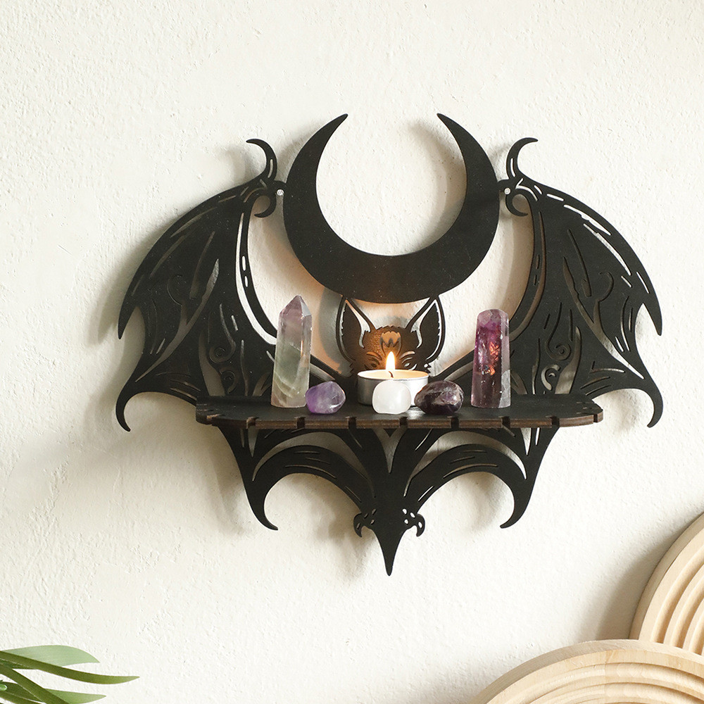 New Halloween Wooden Hollow Bat Crystal Wall Shelf Simple Home Bedroom Decoration