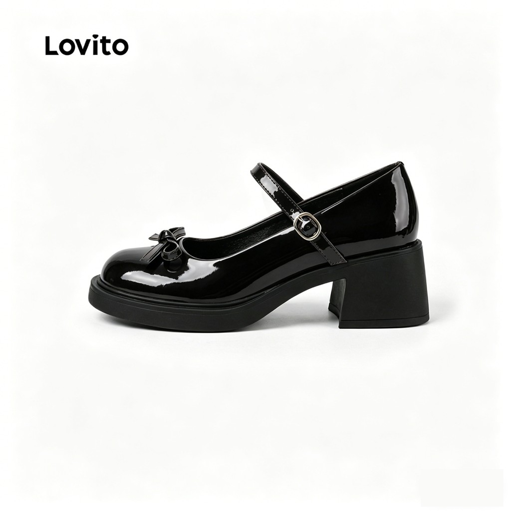Lovito  Mary Jane ลําลอง โบว์ พื้นรองเท้าเบาะลมคลาสสิกและหลากหลาย สีดํา สําหรับผู้หญิง LFA112028