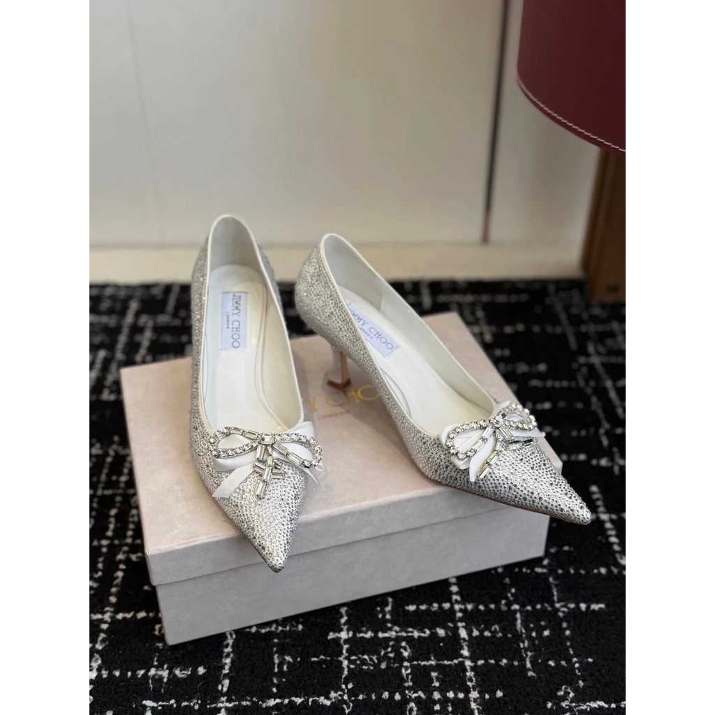 2026.1.1-6.5 ซม. ส้น Jay Choo Jimmy Choo JC Bow รองเท้าส้นสูง