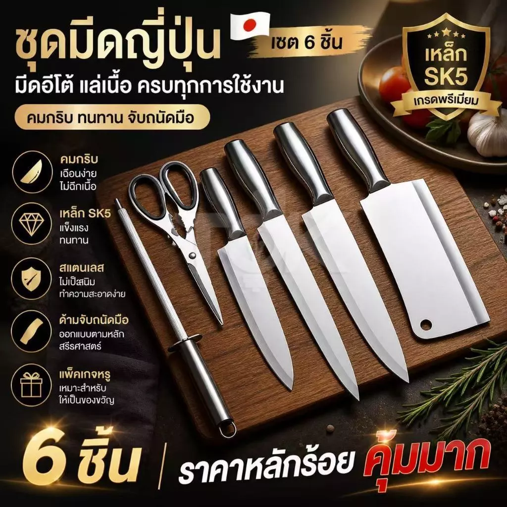 ชุดมีดญี่ปุ่น เซต6ชิ้น มีดอีโต้ แล่เนื้อ ชุดมีด มีดแล่เนื้อสแตนเลส เหล็กSK5 คมกริบ มีดเกรดพรีเมี่ยม