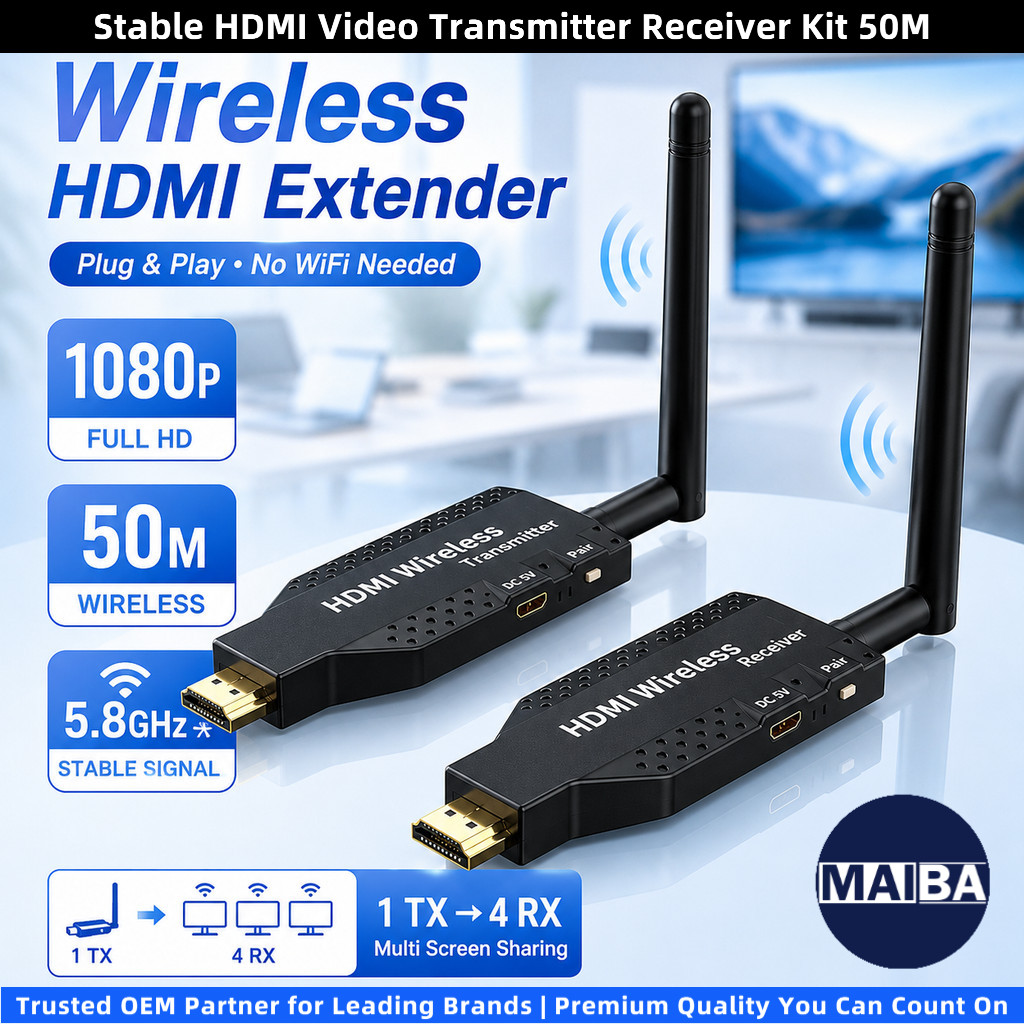 เครื่องขยายสัญญาณ HDMI ไร้สาย 50M 5.8GHz 1080P WiFi หน้าจอส่งสัญญาณ สําหรับกล้อง แล็ปท็อป พีซี ไปยังทีวี โปรเจคเตอร์ ราคา ถูกที่สุด ดีลบีเคเค