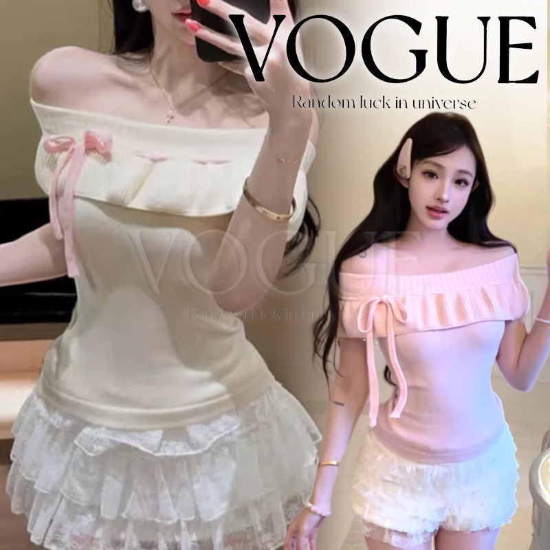 Vogue🌟พร้อมส่ง🌟 เสื้อไหมพรมเปิดไหล่ขอบระบาย แต่งเชือกรูด เข้ารูปสไตล์ลูกคุณ (U250)