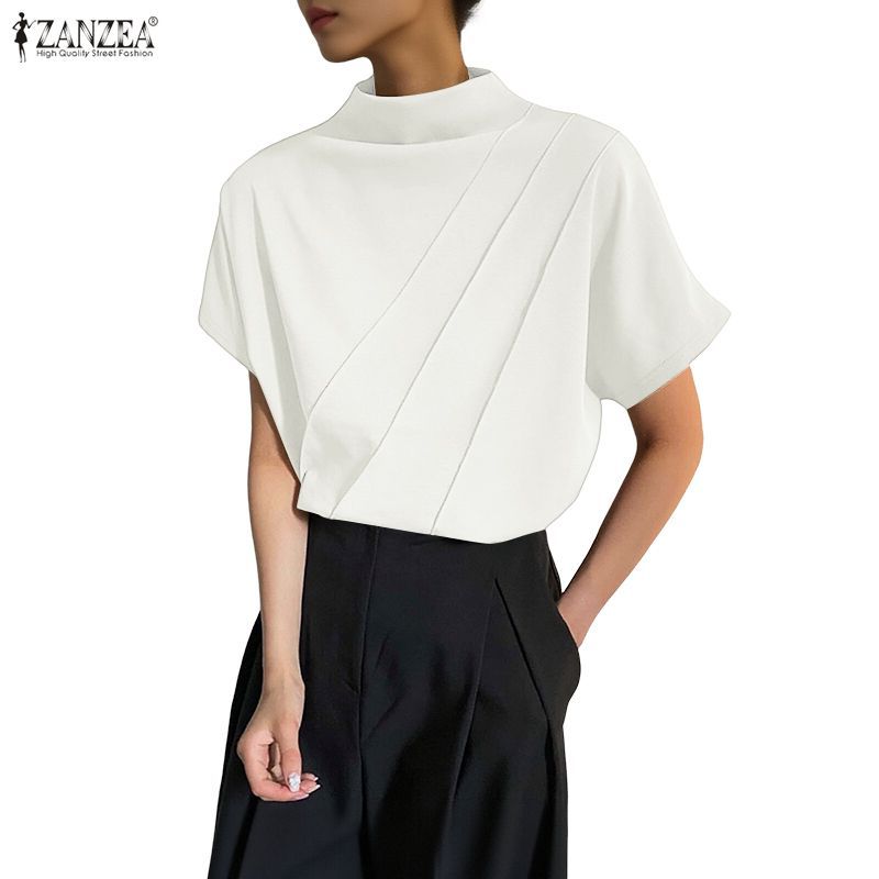 ZANZEA ใส่ ซานเซีย ผู้หญิงเกาหลีแฟชั่นลําลองสีทึบถักแขนสั้นเสื้อยืดคอเต่า