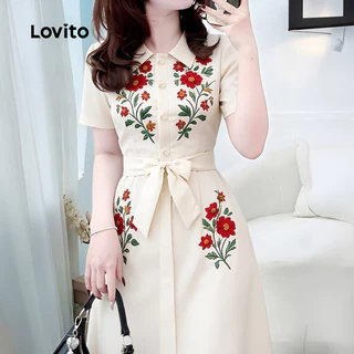Lovito เดรสฤดูร้อน/ฤดูใบไม้ผลิแบบกระดุมหน้าพร้อมเข็มขัดสําหรับผู้หญิง ใส่ลําลอง LBL35119
