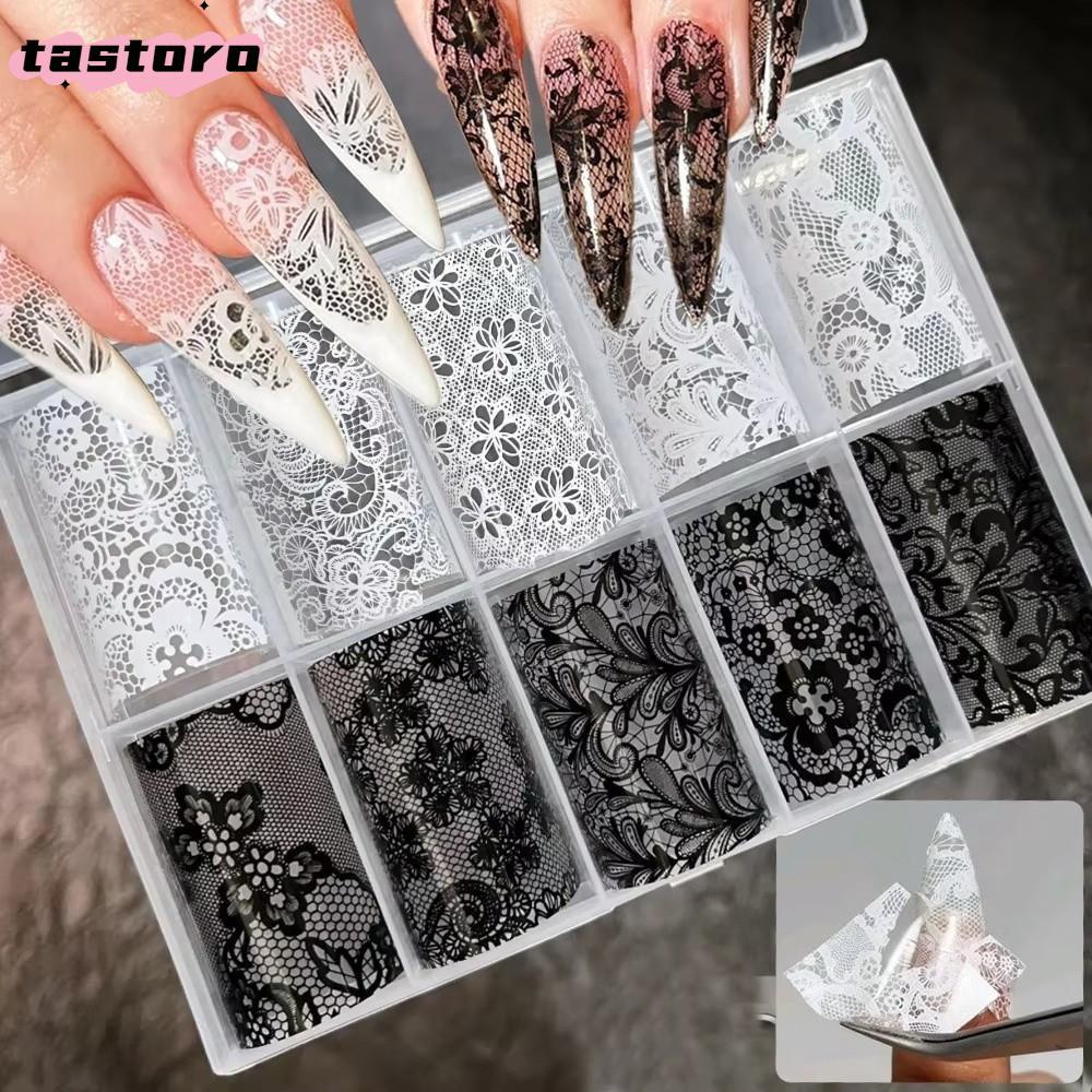TASTORO เล็บฟอยล์,ลายลูกไม้ออกแบบเล็บสติกเกอร์,มืออาชีพเสือดาวพิมพ์เลื่อมผลสีดําสีขาวกระดาษโอนเล็บ DIY