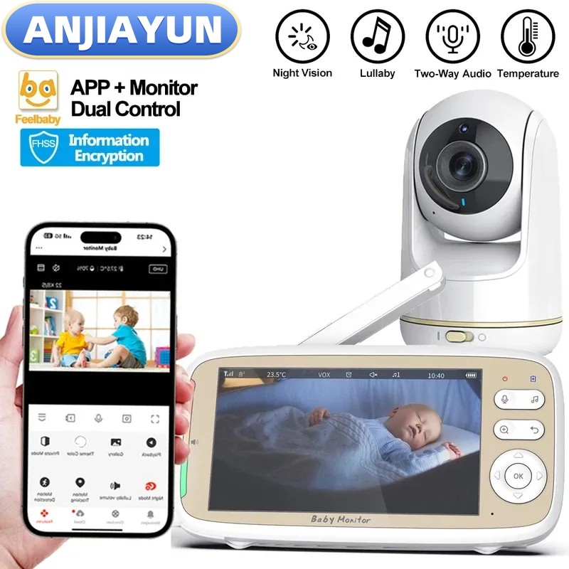 5 นิ้ว Baby Monitor 3x ซูม PTZ Cam APP + monitor Dual Control WIFI อิเล็กทรอนิกส์ Baby Sitter Two Wa