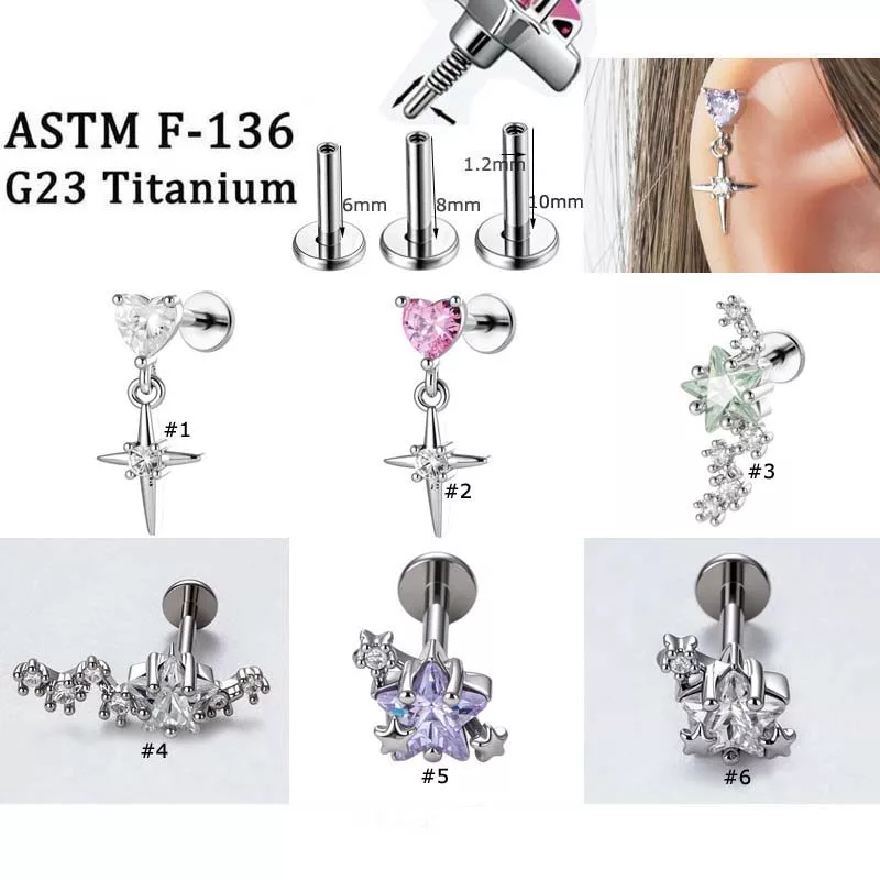 1 ชิ้น/เดี่ยวหัวใจ Star Shape Labret G23 ไทเทเนียมหู Tragus ต่างหู Helix Pinna เจาะ 16gauge Hypoallergenic
