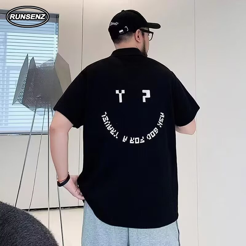 XXL-8XL เสื้อโปโลสีดําสําหรับผู้ชายขนาดบวกพิมพ์กลับเสื้อยืดทรงหลวม