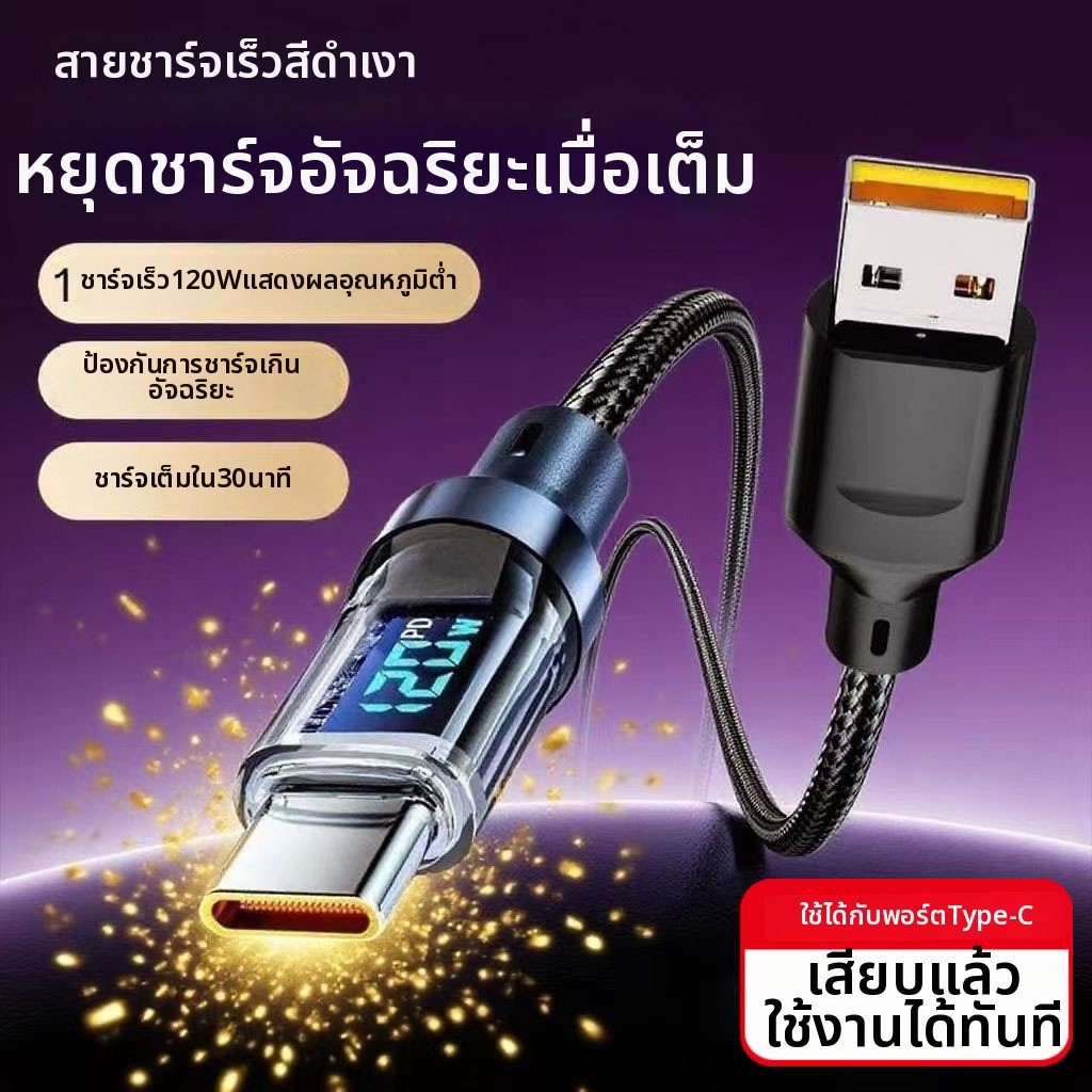 [ส่งจากไทย] สายชาร์จเร็ว 120W 6A ชาร์จด่วน Type C TO USB C มีจอ LED บอกวัตต์ ดีไซน์โปร่งใส สายถัก 1m 2m