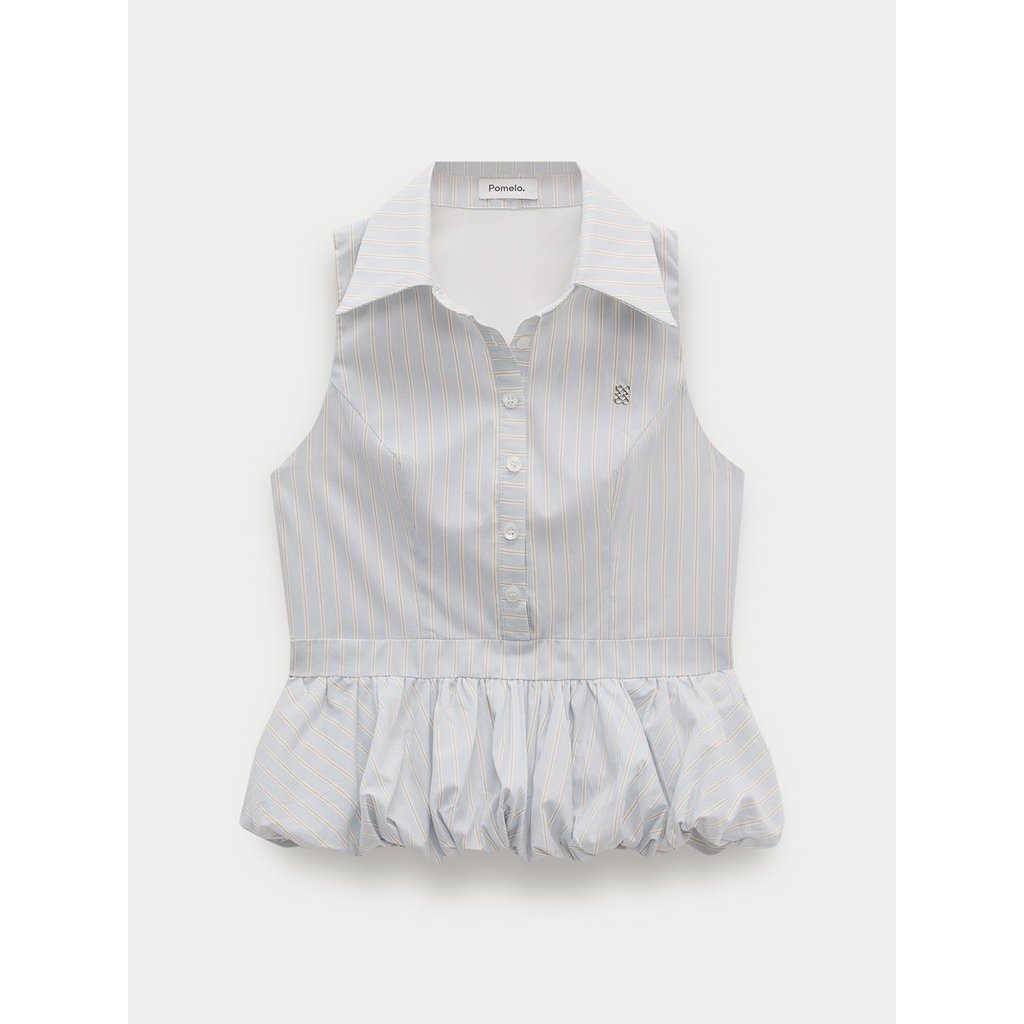 [Pomelo] เสื้อเชิ้ตแขนกุดลายทาง / Striped Peplum Sleeveless Shirt Blouse