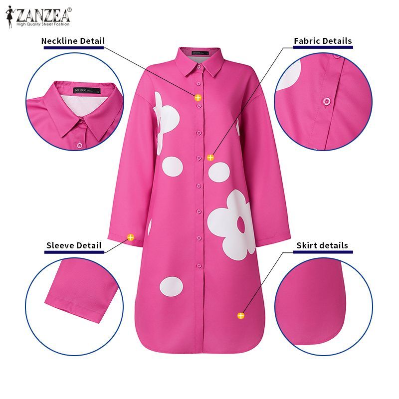 ZANZEA ผู้หญิงเกาหลีสตรีทแฟชั่น Turn-Down-Collar แขนยาว Contrast พิมพ์ลายดอกไม้ A-Line เสื้อเดรส — صورة 7