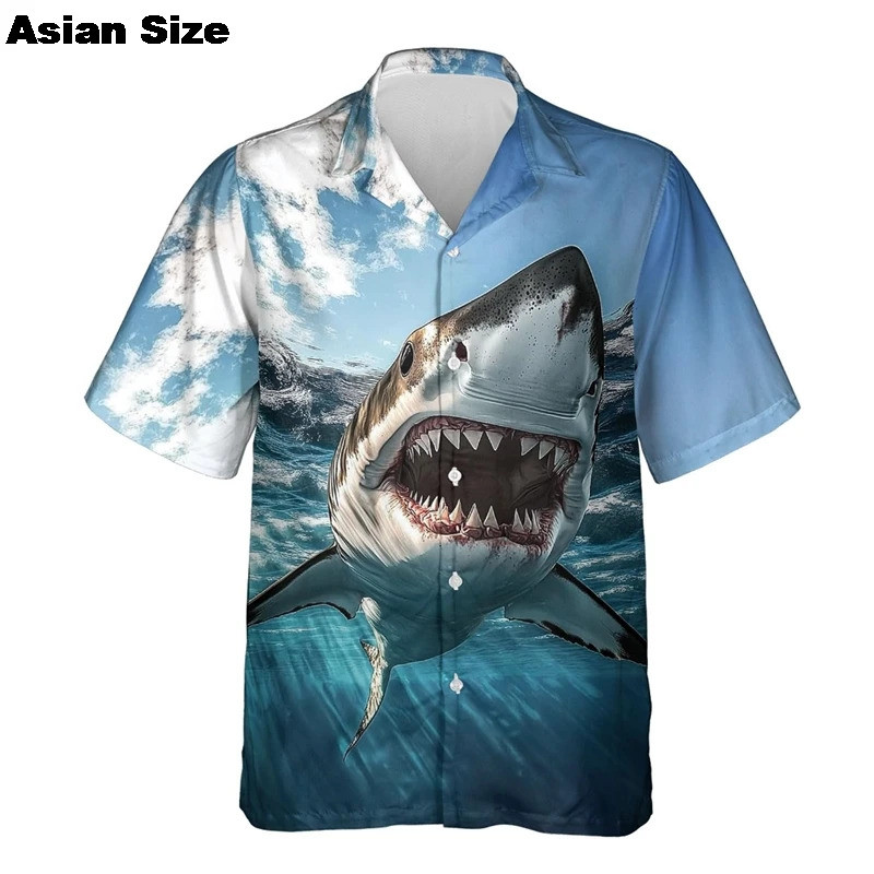 3D สัตว์ Shark พิมพ์ฮาวาย แขนสั้น 2025 ฤดูร้อน ลําลอง แฟชั่น Sea World Unisex Street เสื้อ WQK7