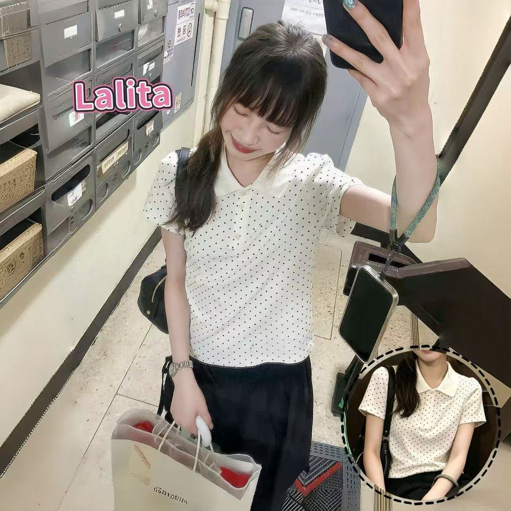 Lalita💋 ส่งไวจากไทย เสื้อคอปกผู้หญิง ลายจุด แขนสั้น สไตล์ลำลอง ใส่สบาย