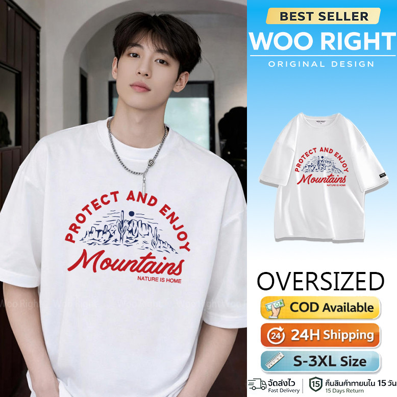 เสื้อยืด เสื้อผู้ชาย ลายภูเขา เท่ๆ Oversized Woo Right COD จัดส่งตลอด 24 ชั่วโมง