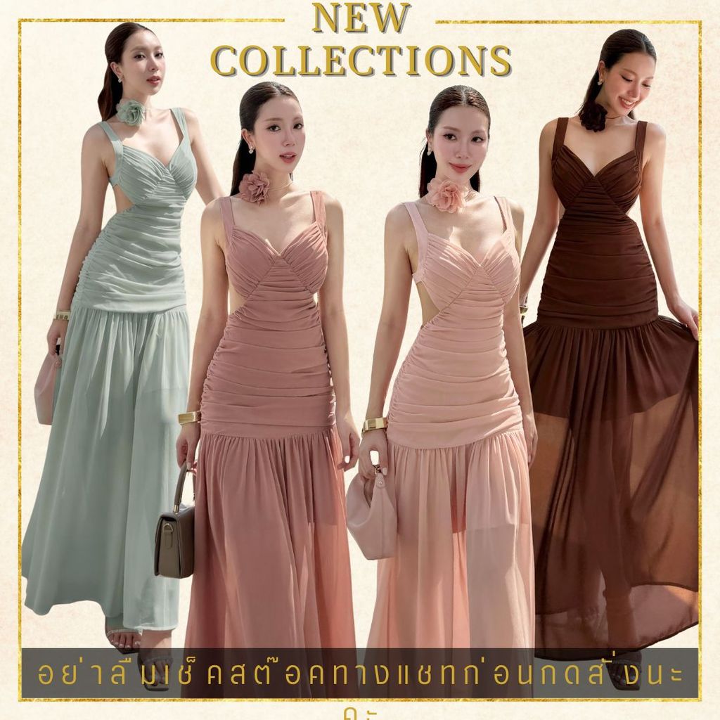 ❥NABI ❥XS-XL เดรสยาวผ้าพริ้ว เว้าเอวเบาๆเซ็กซี่สุดๆ เดรสผ้าชีฟองสีเขียว น้ำตาล ชมพู ชุดไปเที่ยวทะเล