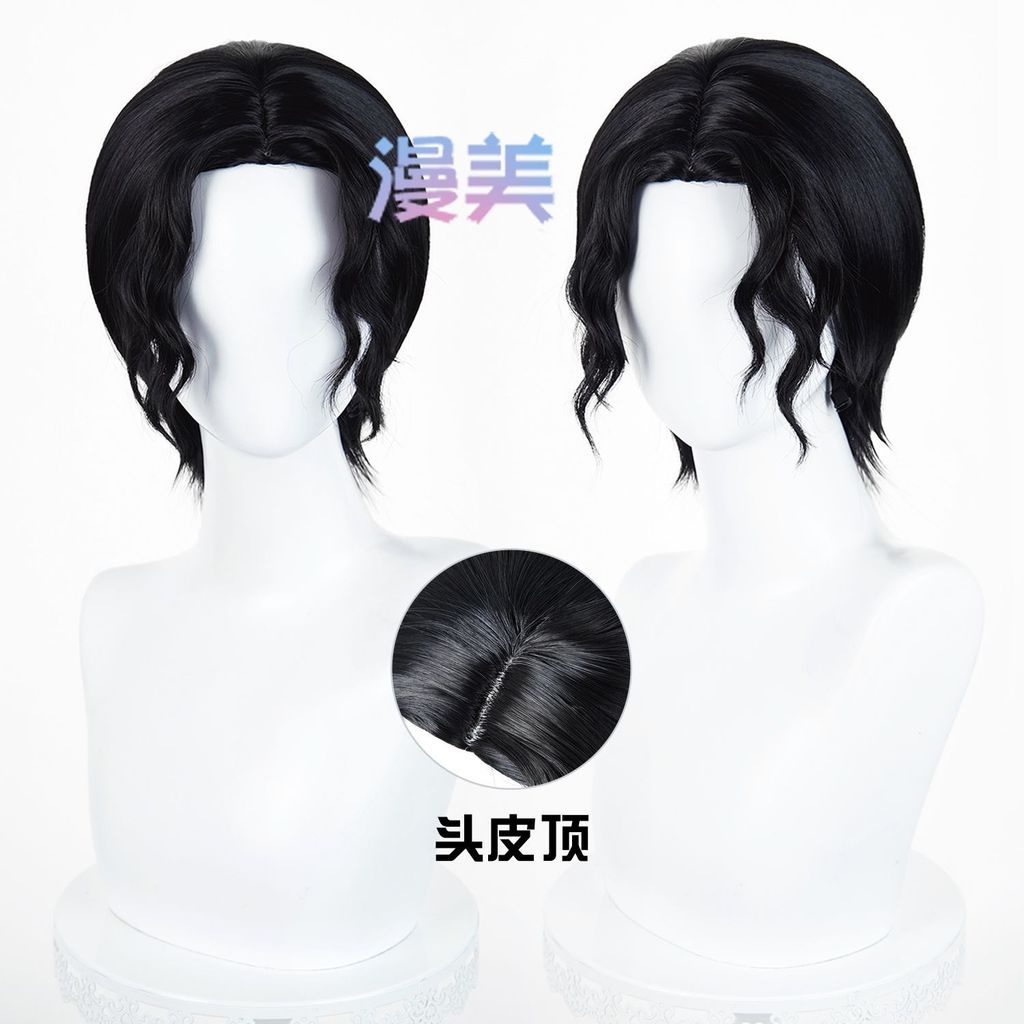 อะนิเมะ Kibutsuji Muzan คอสเพลย์วิกผมสีดําสั้นวิกผมหยิกทนความร้อนผมสังเคราะห์