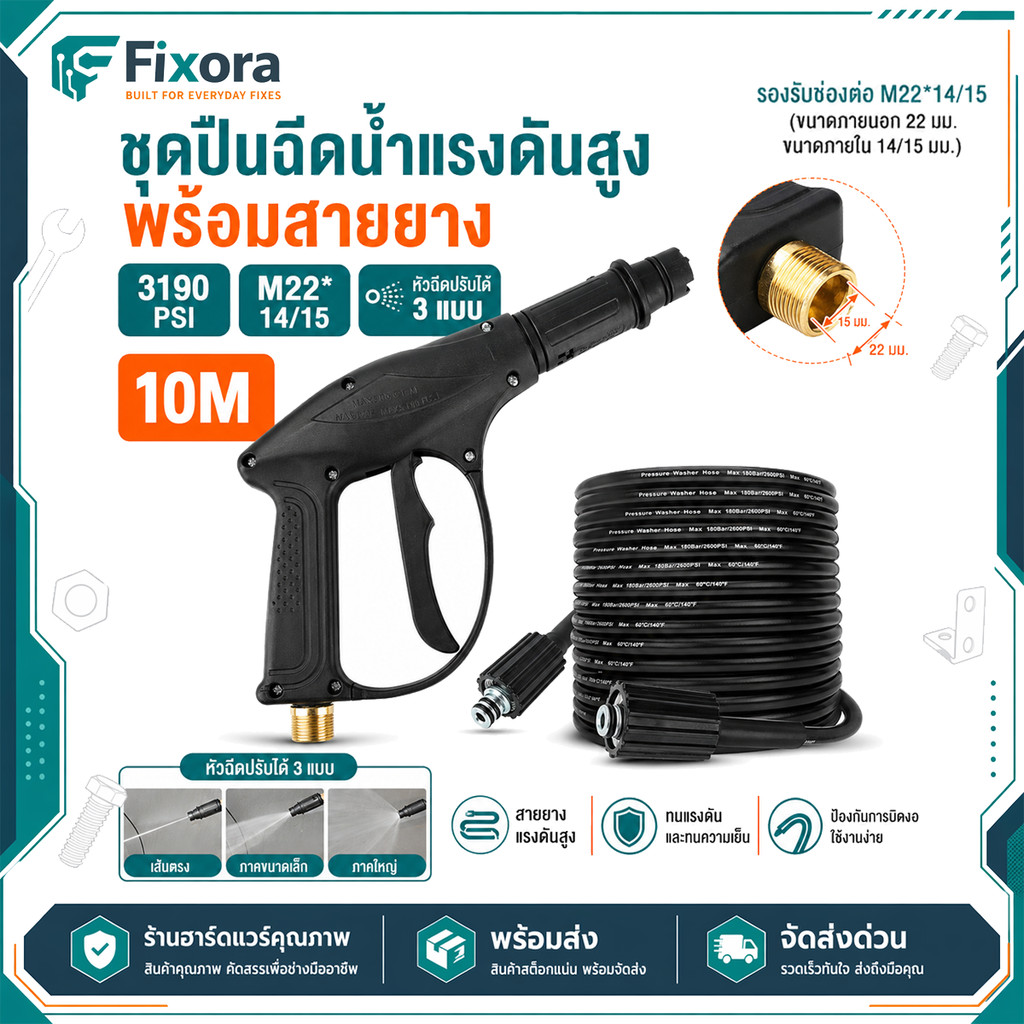 สายฉีดน้ำแรงดันสูง 10 เมตร พร้อมปืนฉีดน้ำ รองรับ M22*14/15 ทนแรงดันสูง ไม่พันกัน